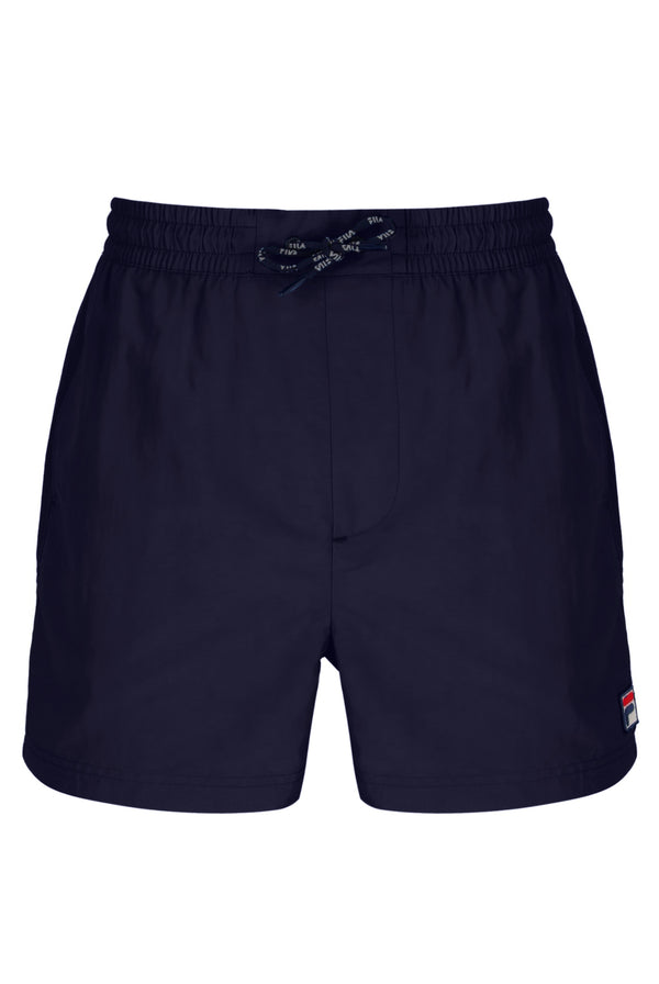 A pair of navy blue FILA Artoni swim shorts with a drawstring waistband and side pockets, featuring the FILA logo on the left leg.