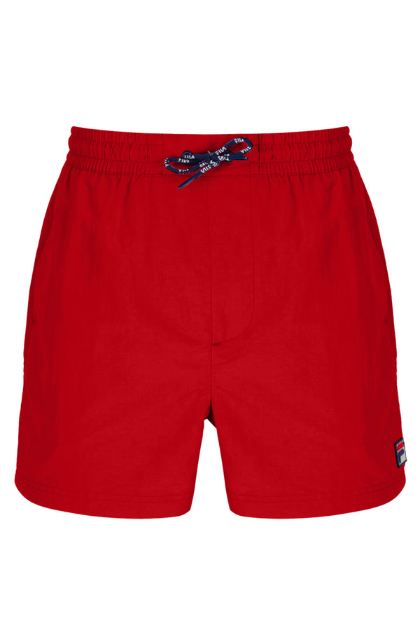A pair of red Artoni Swim Shorts by FILA, with a drawstring waistband and a small FILA logo on the left leg.