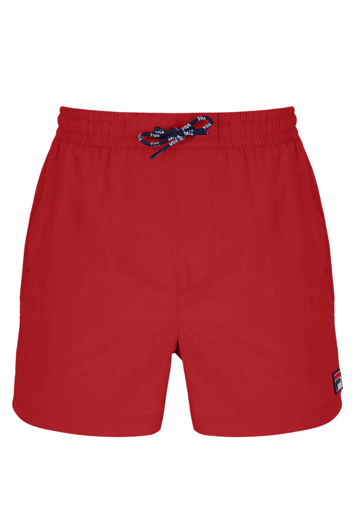 Red shorts with a small logo on a white background