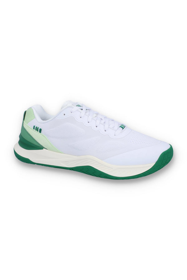 A white tennis trainer with green accents and the FILA logo on the side.