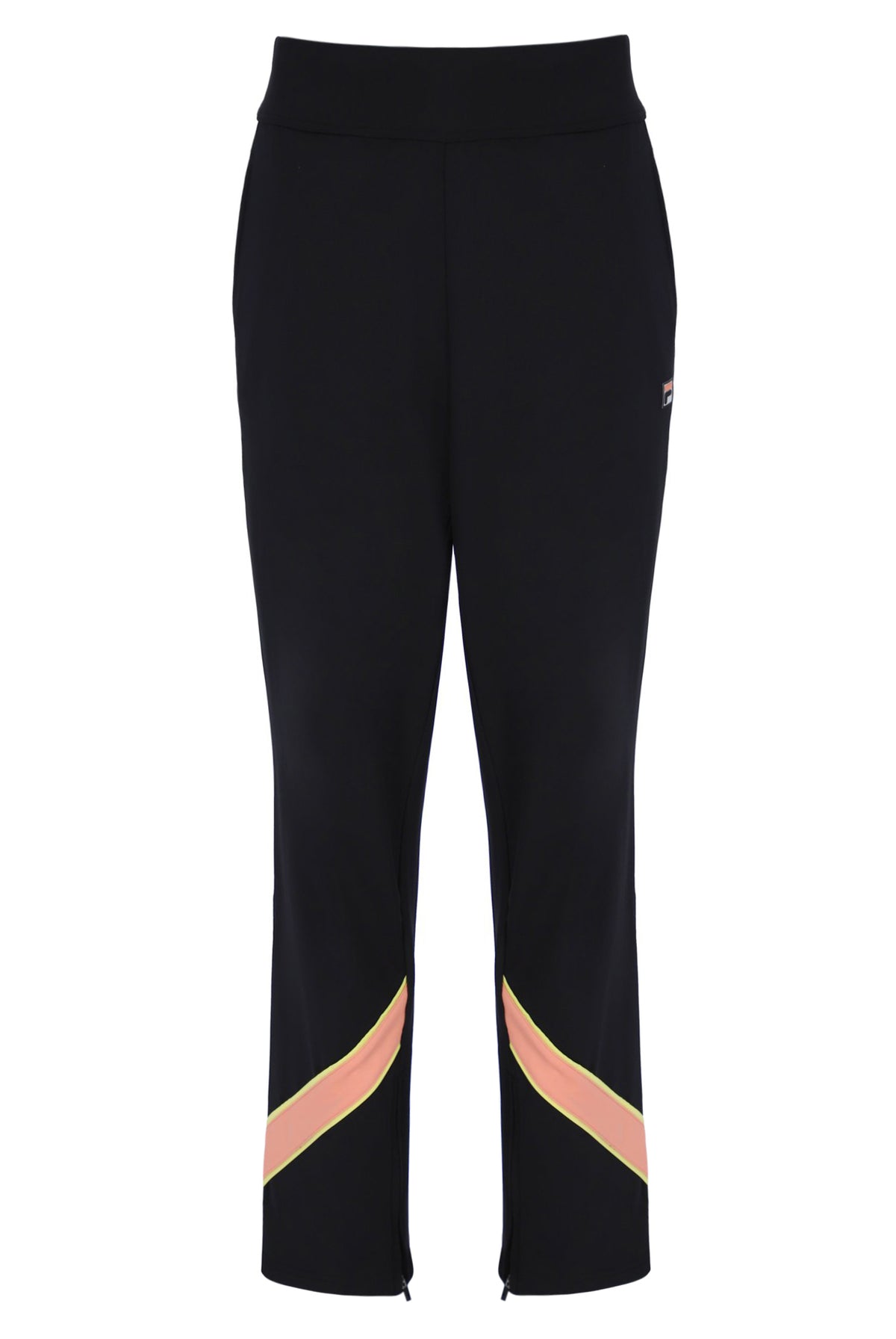 A pair of women's tennis track pants with colour blocks in peach pink and yellow on the sides, featuring an elastic waistband and branded with the FILA logo.