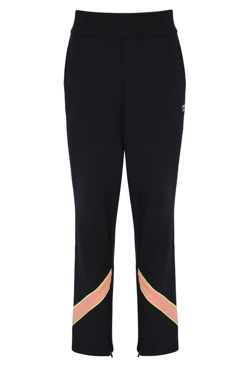 A pair of women's tennis track pants with colour blocks in peach pink and yellow on the sides, featuring an elastic waistband and branded with the FILA logo.