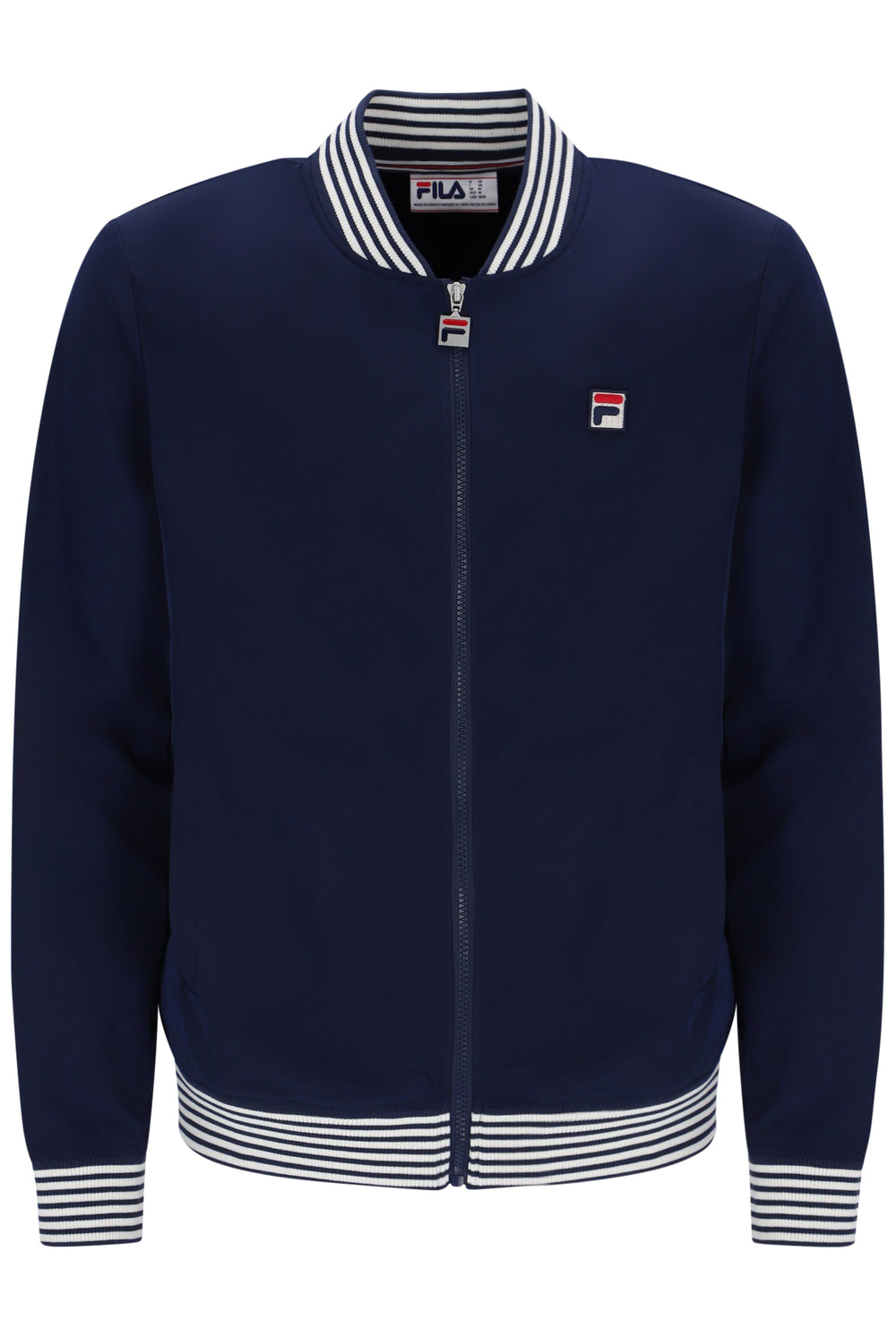 Displays the Navy 'Fila' branded Gardenia Badrick Jacket