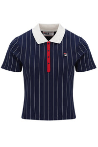 Navy pinstripe polo shirt with white collar and red button on a white background