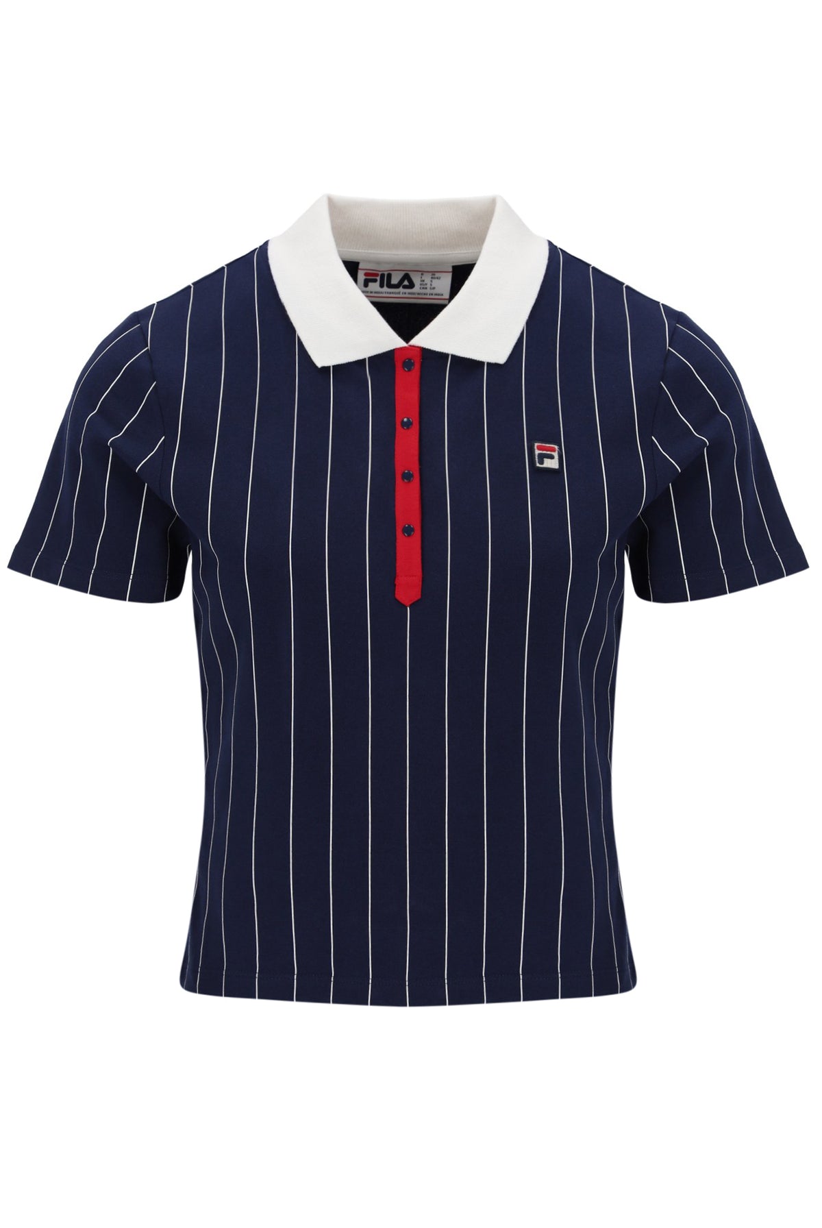 Navy pinstripe polo shirt with white collar and red button on a white background