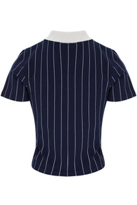 Navy pinstripe blouse with white collar on a white background
