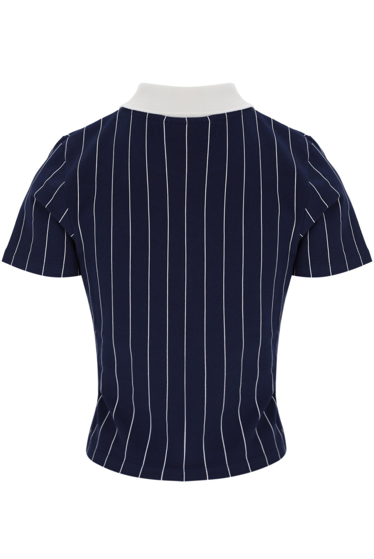 Navy pinstripe blouse with white collar on a white background