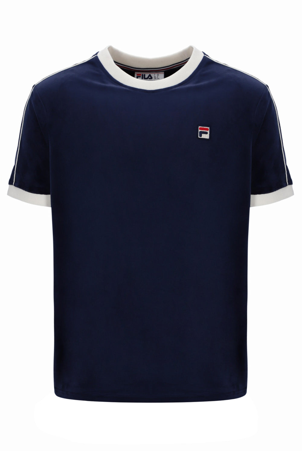 Navy blue t-shirt with white trim and a small logo on a white background