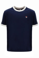 Navy blue t-shirt with white trim and a small logo on a white background