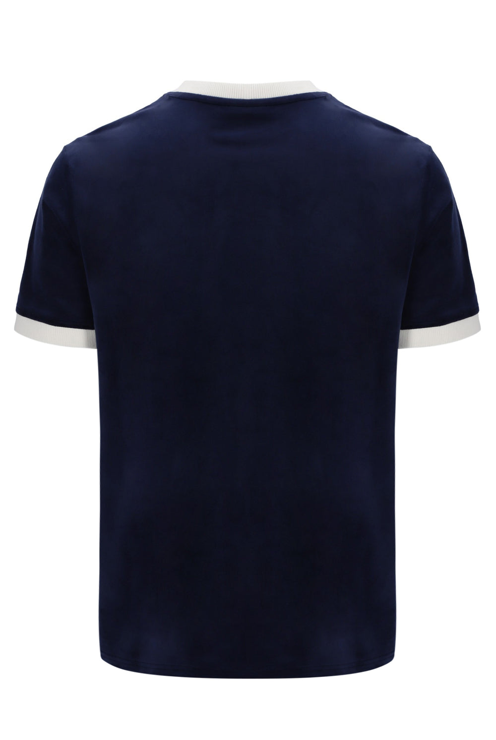 Navy blue t-shirt with white trim on a white background