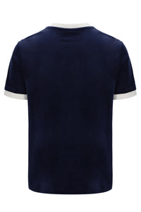 Navy blue t-shirt with white trim on a white background