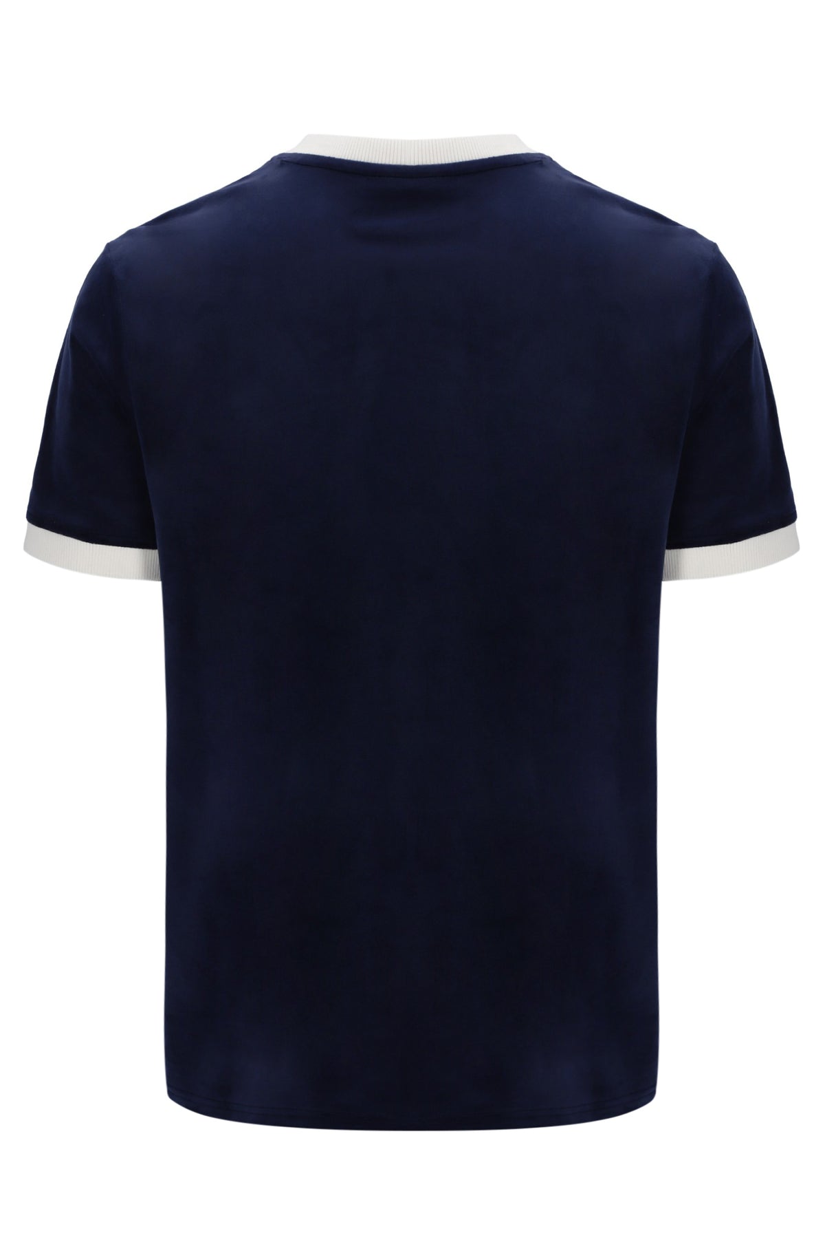 Navy blue t-shirt with white trim on a white background