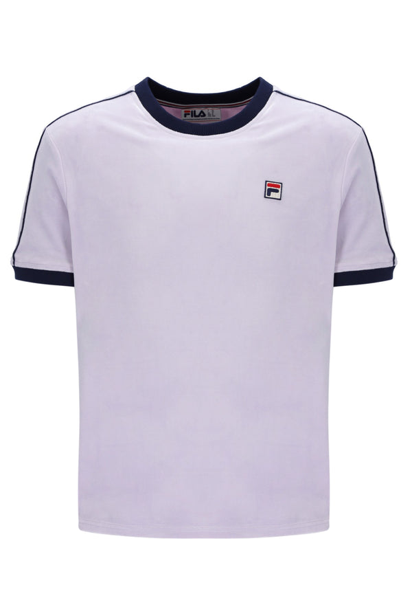 Lilac t-shirt with black trim and Fila logo on a white background
