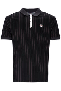 Black pinstripe polo shirt with a small FILA logo on the chest, on a white background