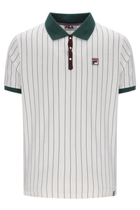 A FILA short-sleeve polo shirt with thin vertical pinstripes on an off-white base, featuring a dark green collar and sleeve cuffs, a dark brown button placket, and the FILA logo on the left chest.