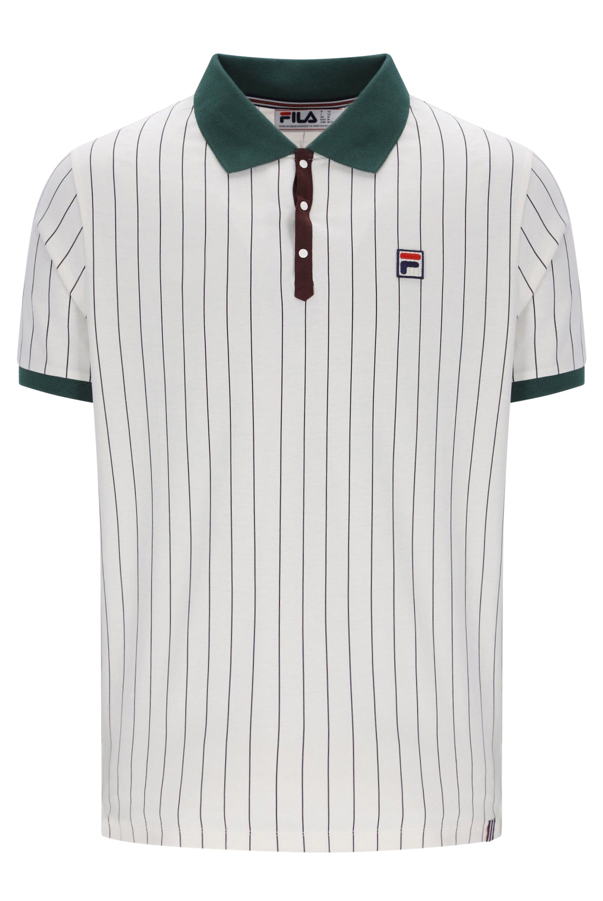 A FILA short-sleeve polo shirt with thin vertical pinstripes on an off-white base, featuring a dark green collar and sleeve cuffs, a dark brown button placket, and the FILA logo on the left chest.