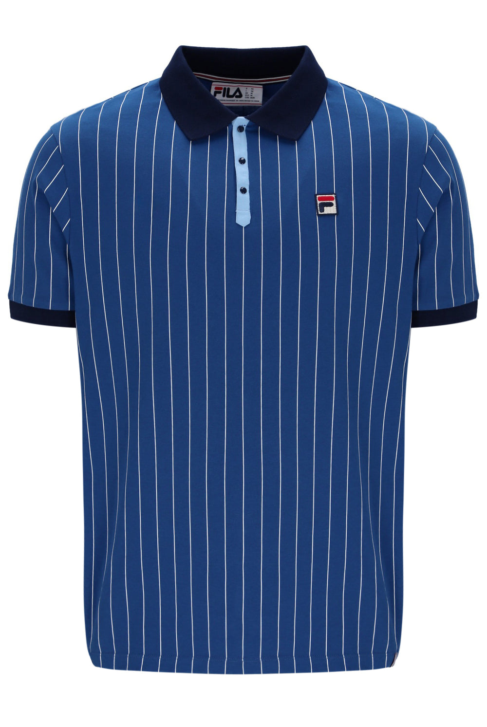 Blue pinstripe polo shirt with a FILA logo on a white background