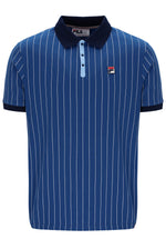 Blue pinstripe polo shirt with a FILA logo on a white background