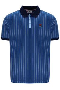 Blue pinstripe polo shirt with a FILA logo on a white background
