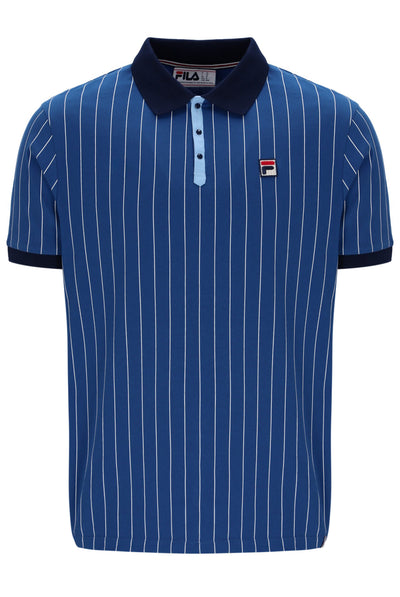Blue pinstripe polo shirt with a FILA logo on a white background