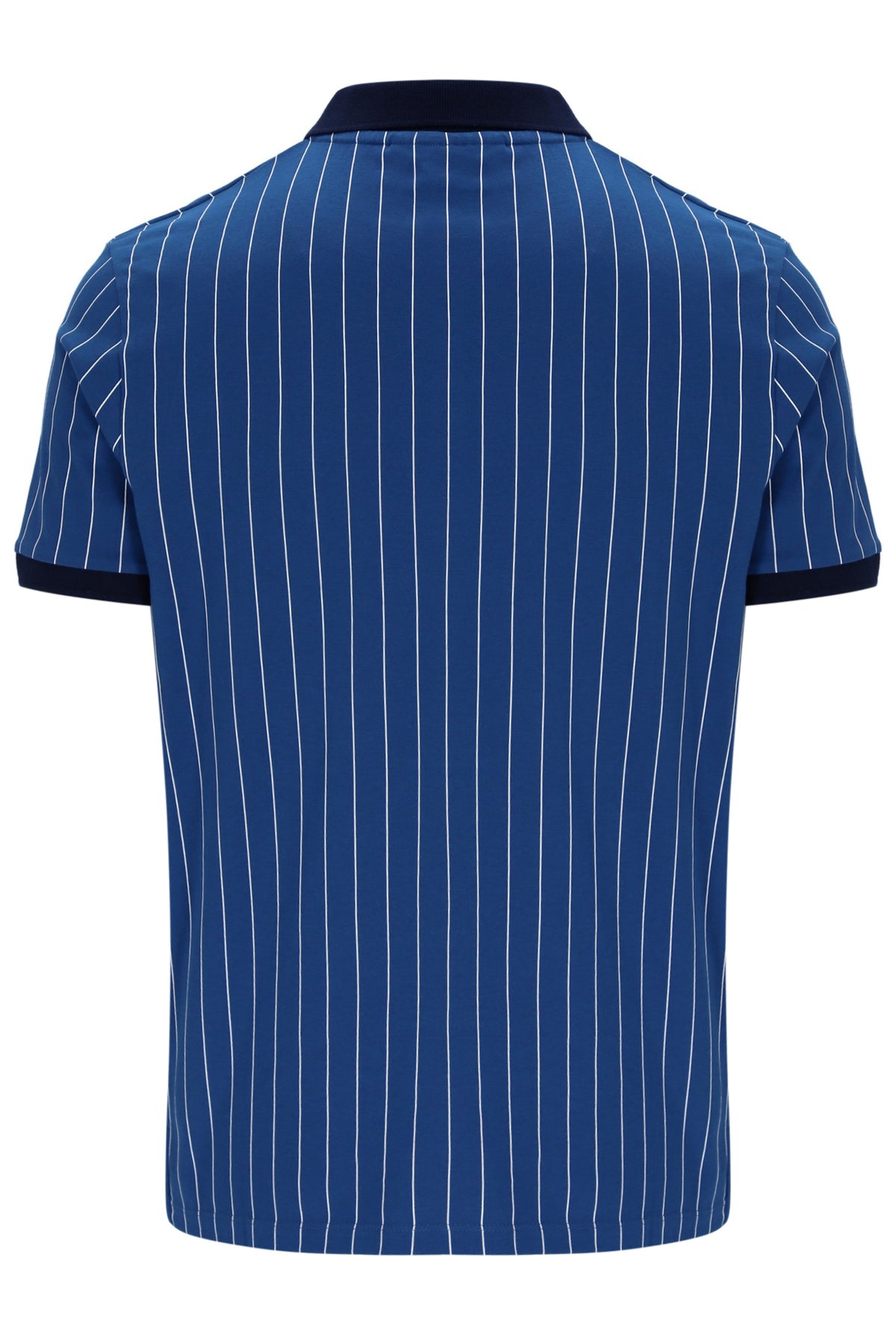 Blue pinstripe polo shirt on a white background