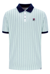 Light blue pinstripe polo shirt with dark blue collar and FILA logo on a white background