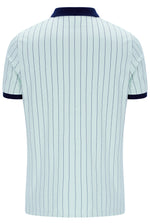 Light blue pinstripe polo shirt with dark blue trim on a white background