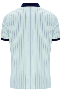 Light blue pinstripe polo shirt with dark blue trim on a white background