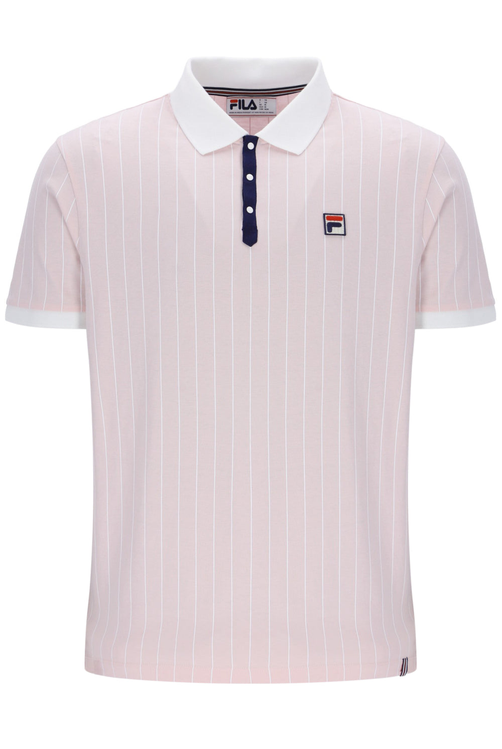 Pink striped polo shirt with white collar and FILA logo on a white background