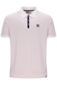 Pink striped polo shirt with white collar and FILA logo on a white background