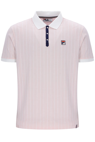 Pink striped polo shirt with white collar and FILA logo on a white background