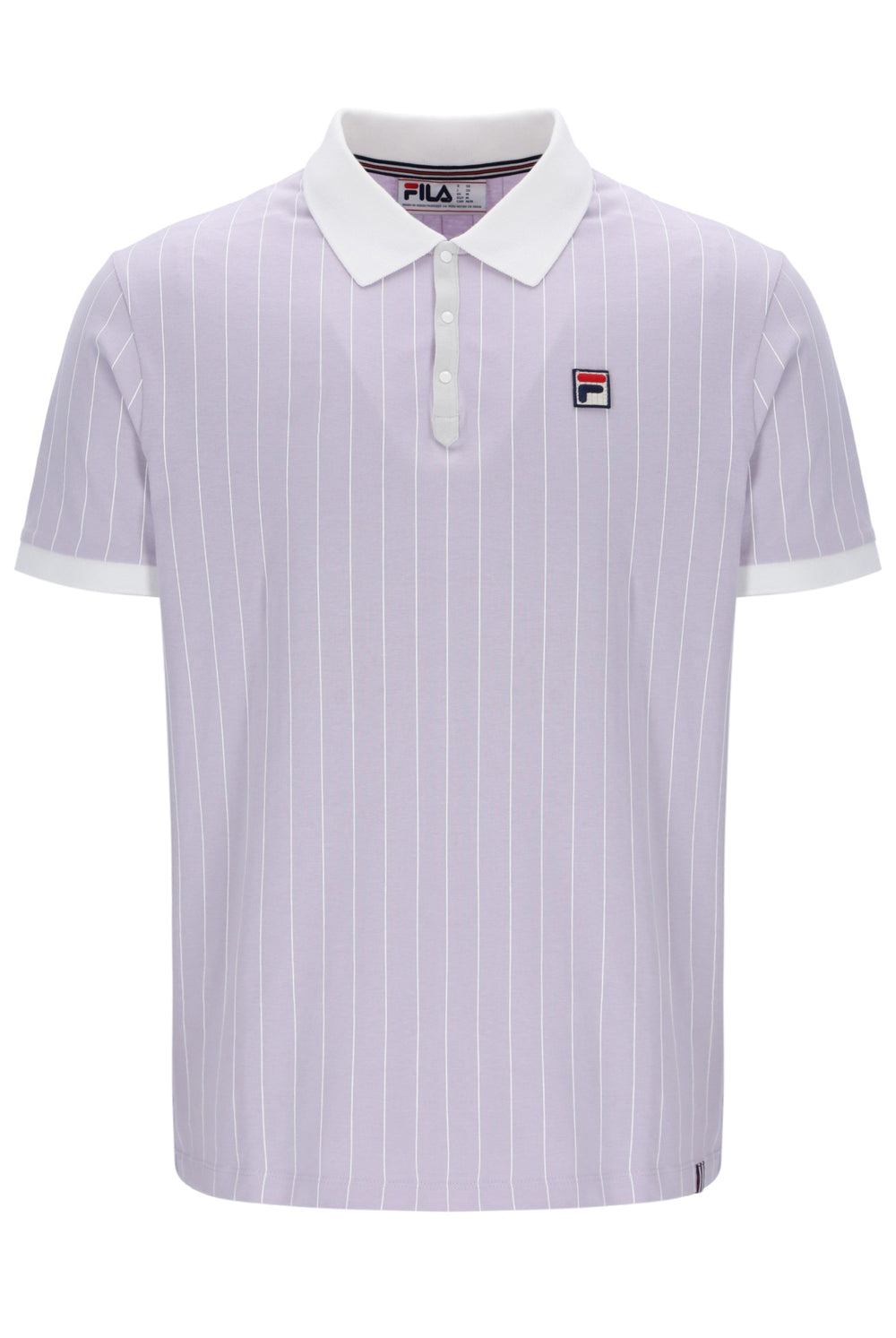 Purple striped polo shirt with white collar and FILA logo on a white background