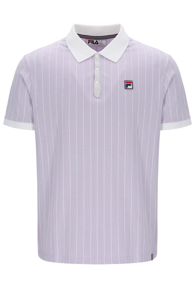 Purple striped polo shirt with white collar and FILA logo on a white background