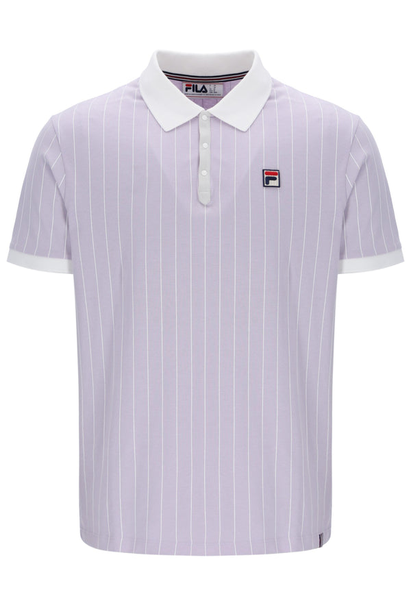 Purple striped polo shirt with white collar and FILA logo on a white background