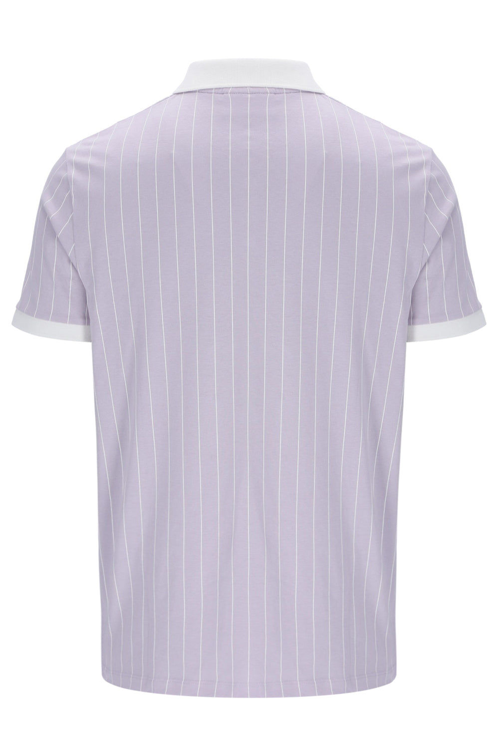 Purple pinstripe polo shirt on a white background