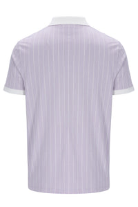 Purple pinstripe polo shirt on a white background