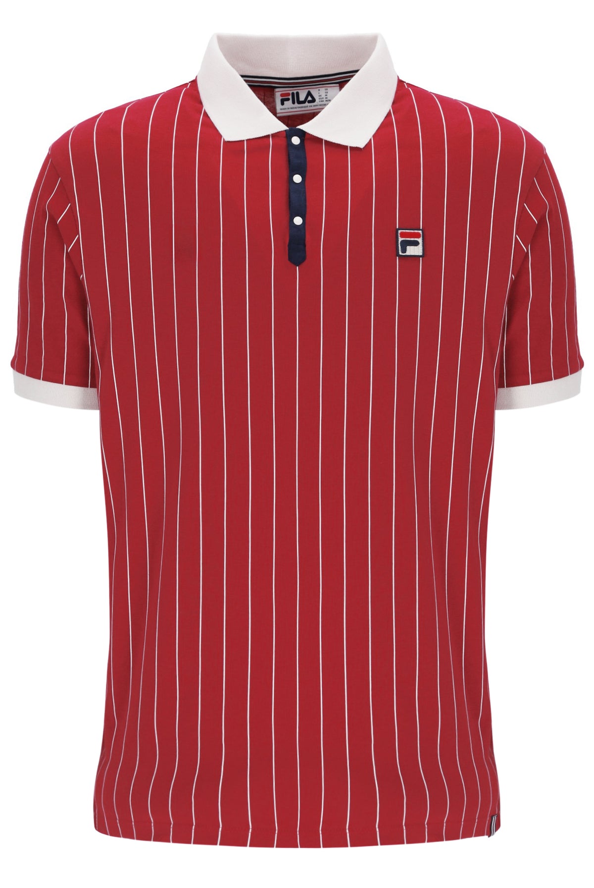 Red pinstripe polo shirt with white collar and Fila logo on a white background
