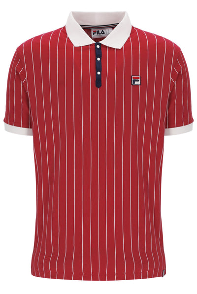 Red pinstripe polo shirt with white collar and Fila logo on a white background