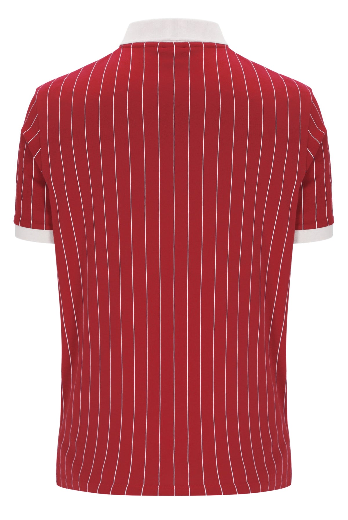 Red pinstripe polo shirt with white collar on a white background