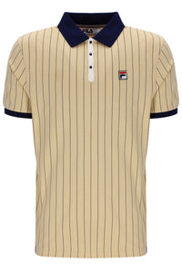 Beige pinstripe polo shirt with navy collar and trim on a white background