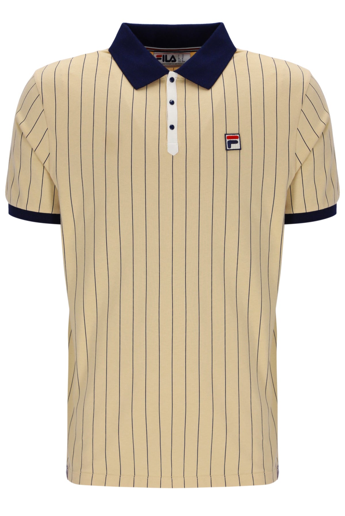 Beige pinstripe polo shirt with navy collar and trim on a white background