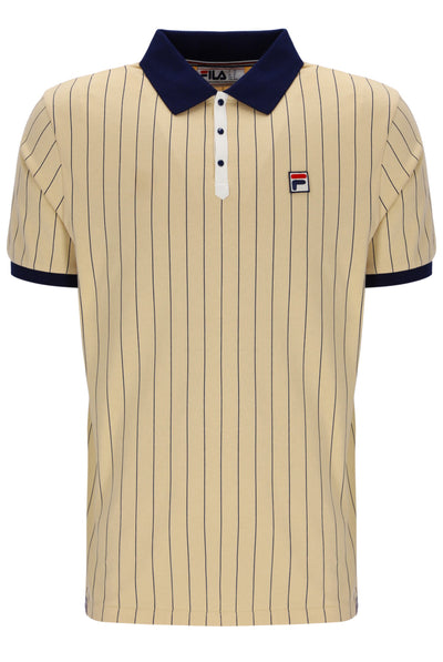 Beige pinstripe polo shirt with navy collar and trim on a white background