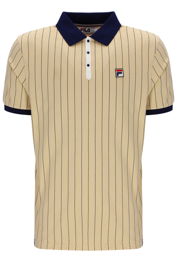 Beige pinstripe polo shirt with navy collar and trim on a white background