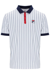 A white striped FILA polo shirt with red and blue accents and a button-up collar.