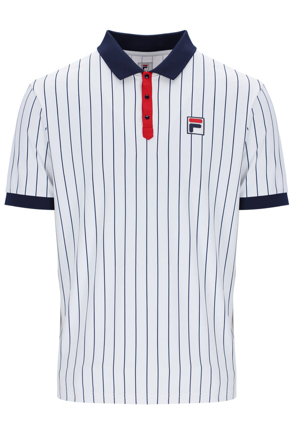 A white striped FILA polo shirt with red and blue accents and a button-up collar.