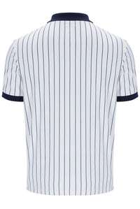 A white striped FILA polo shirt with red and blue accents and a button-up collar.