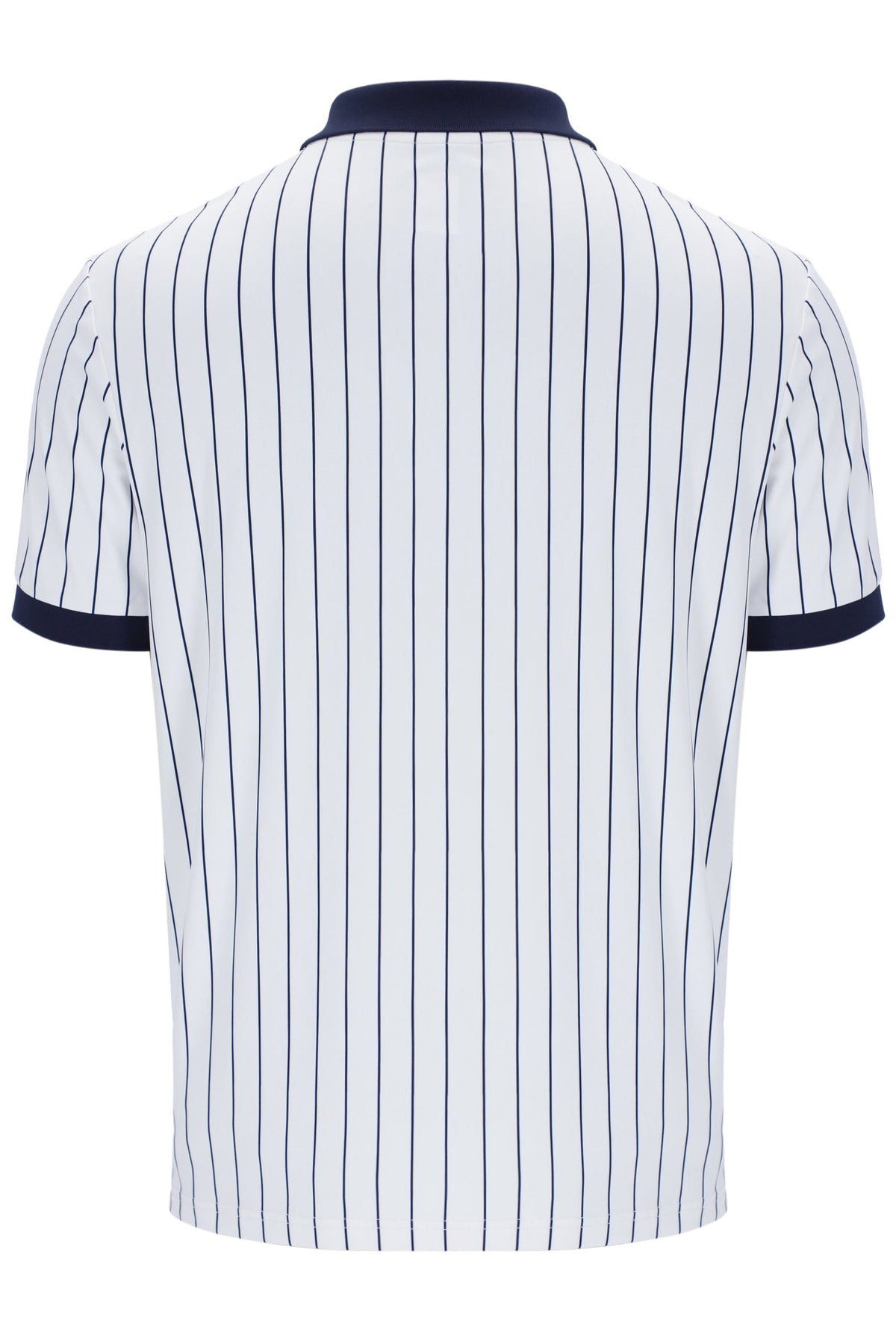A white striped FILA polo shirt with red and blue accents and a button-up collar.