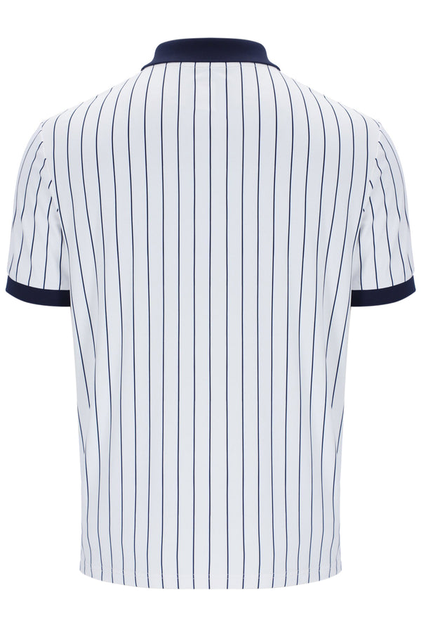 A white striped FILA polo shirt with red and blue accents and a button-up collar.