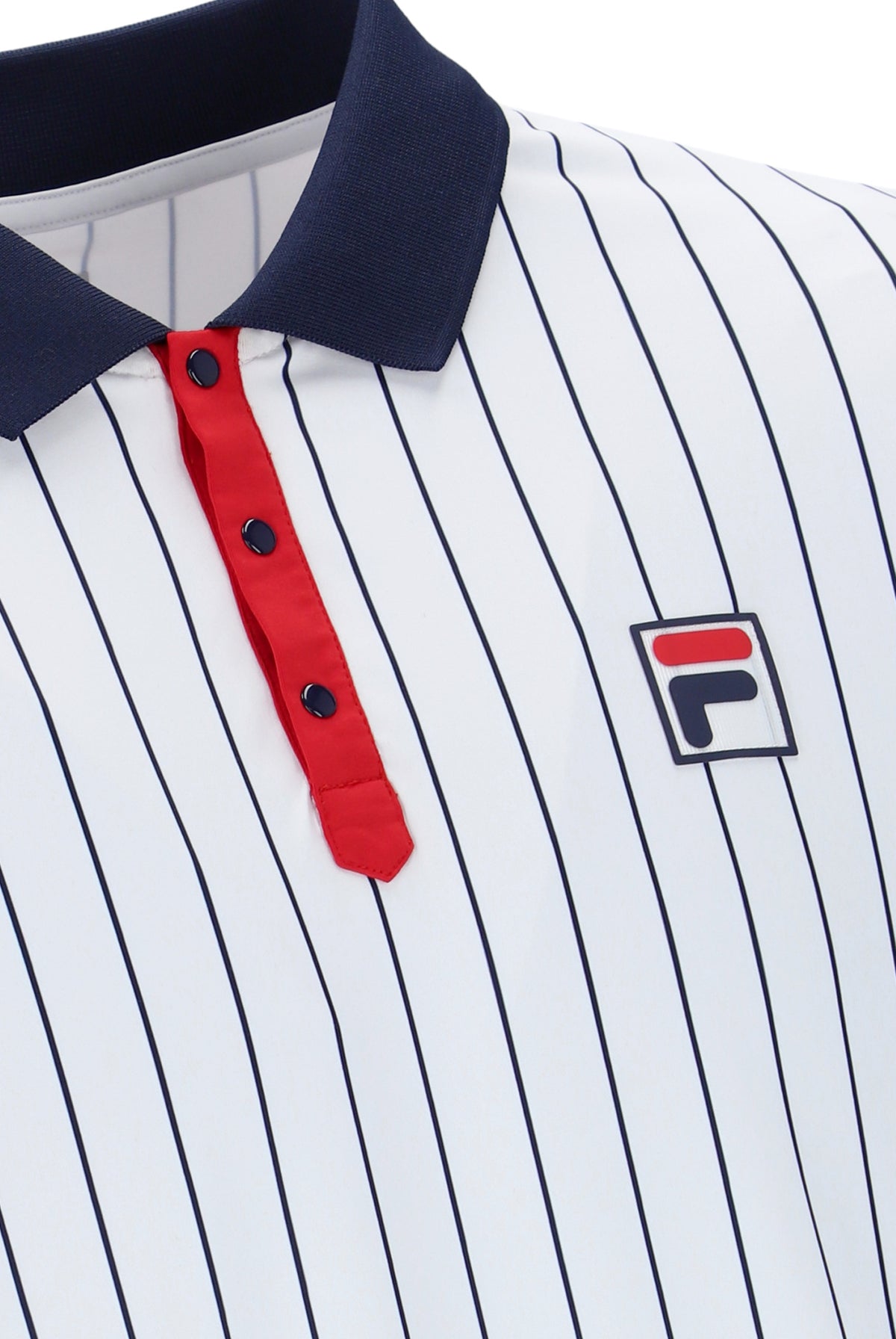 A white striped FILA polo shirt with red and blue accents and a button-up collar.
