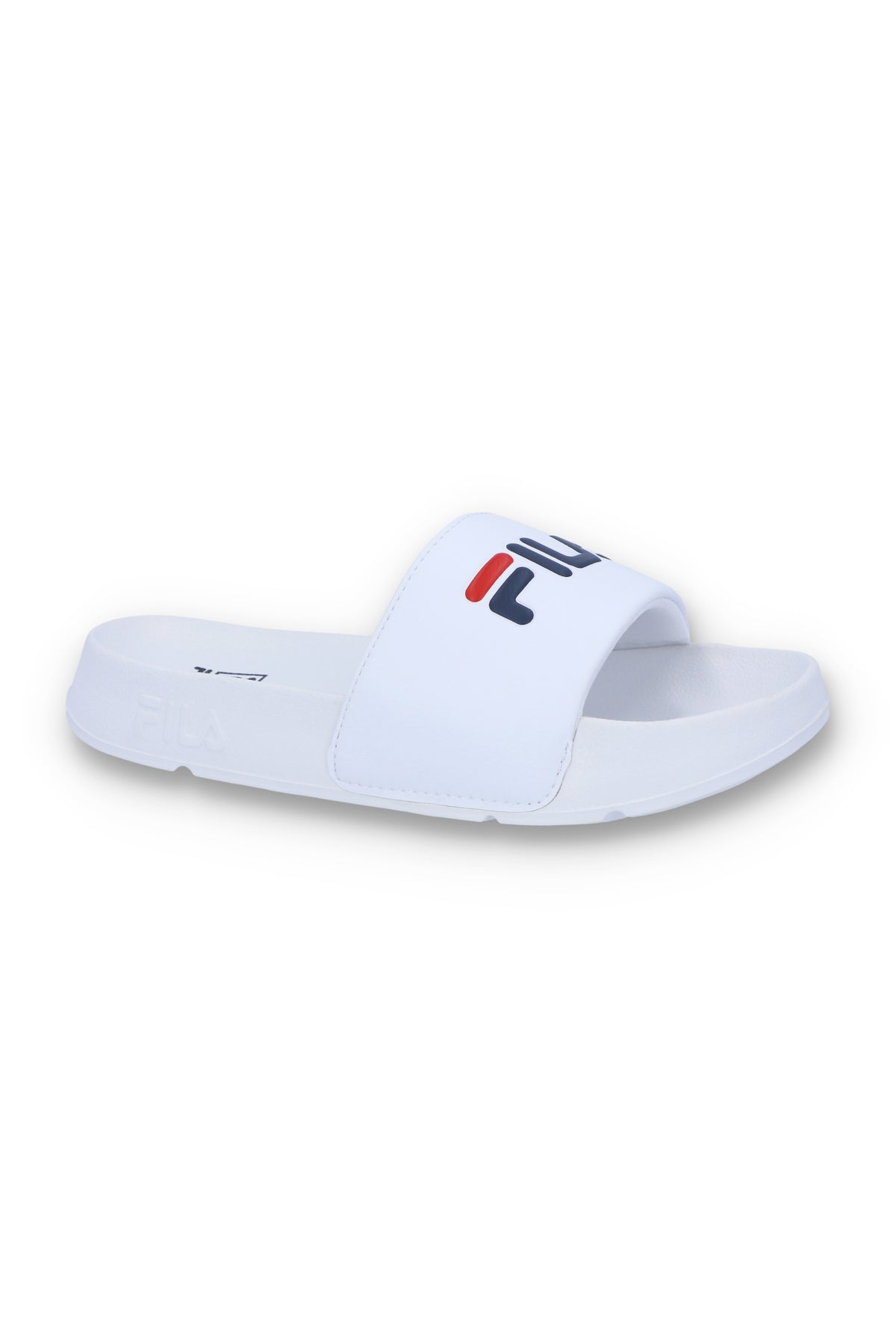 A white FILA bb slider with a comfortable footbed and non-slip sole, featuring the FILA logo on the strap.
